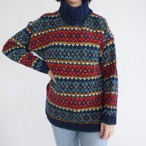 Vintage Liz Sport Fair Isle Wool Turtleneck Sweater Cabincore Apres Ski S